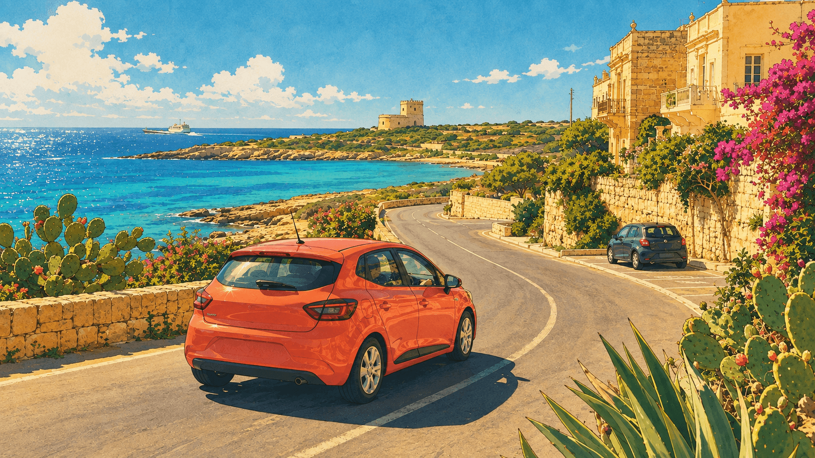 Anime illustration of a compact rental car driving along the Maltese coast near Qawra, with limestone buildings and turquoise sea.