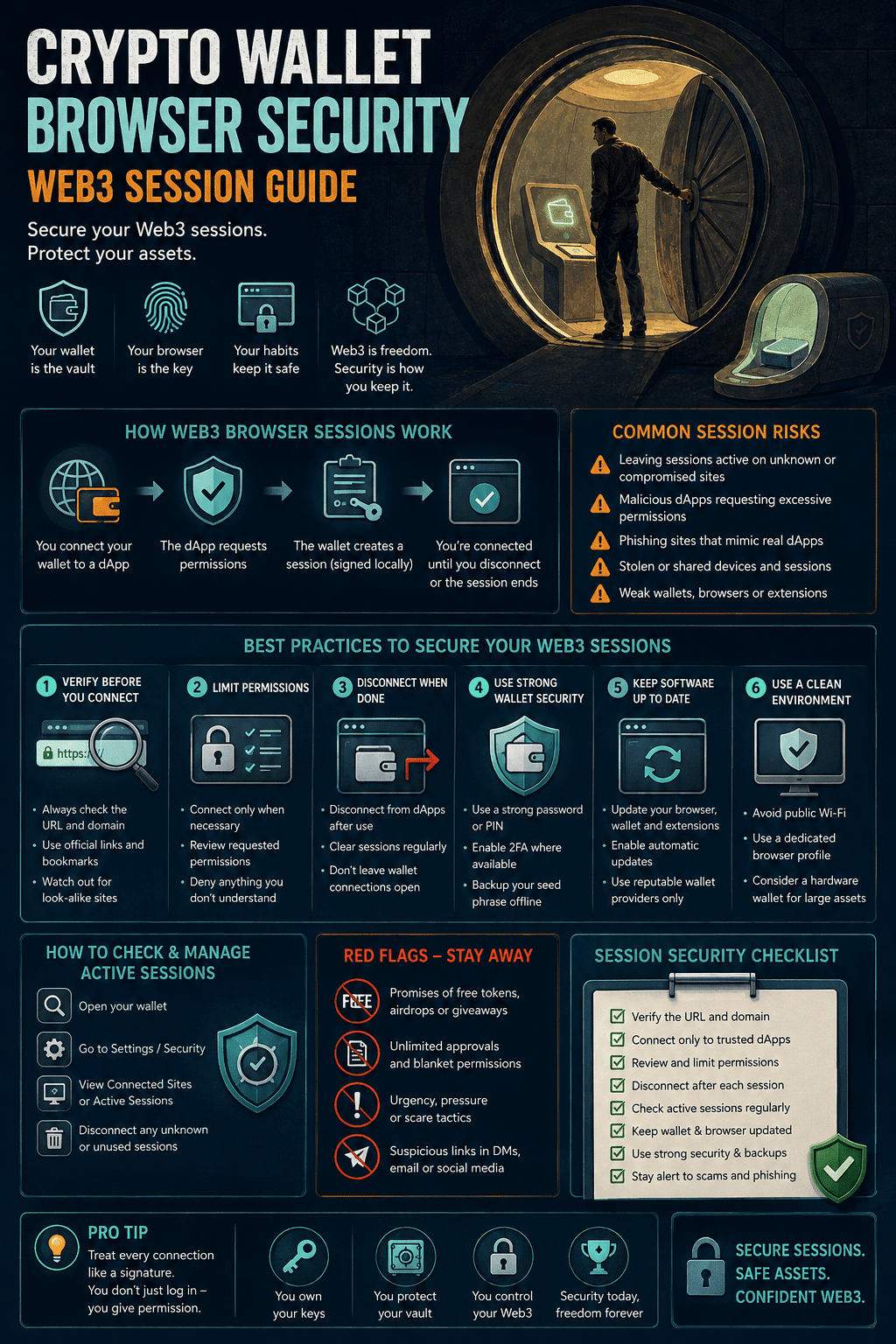 Infographic explaining crypto wallet browser security, Web3 session risks, permission checks, phishing warnings, and safe disconnection practices.