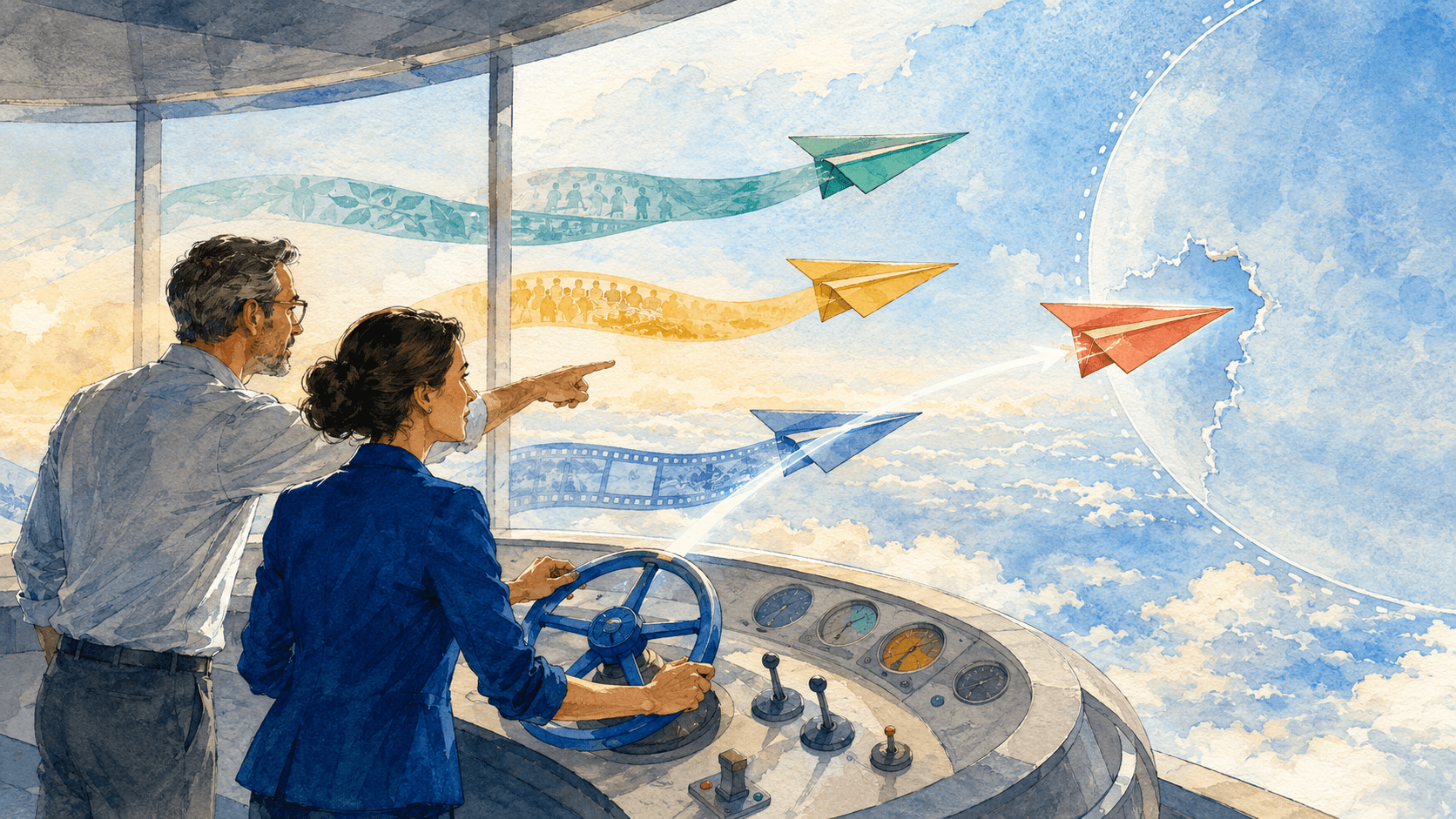 Watercolor illustration of marketing and finance professionals redirecting campaign aircraft before they cross a budget boundary.