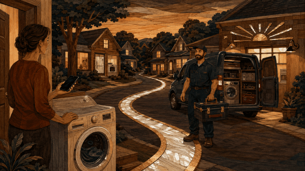Wood marquetry illustration of a homeowner finding a local appliance repair technician through a glowing neighborhood path.