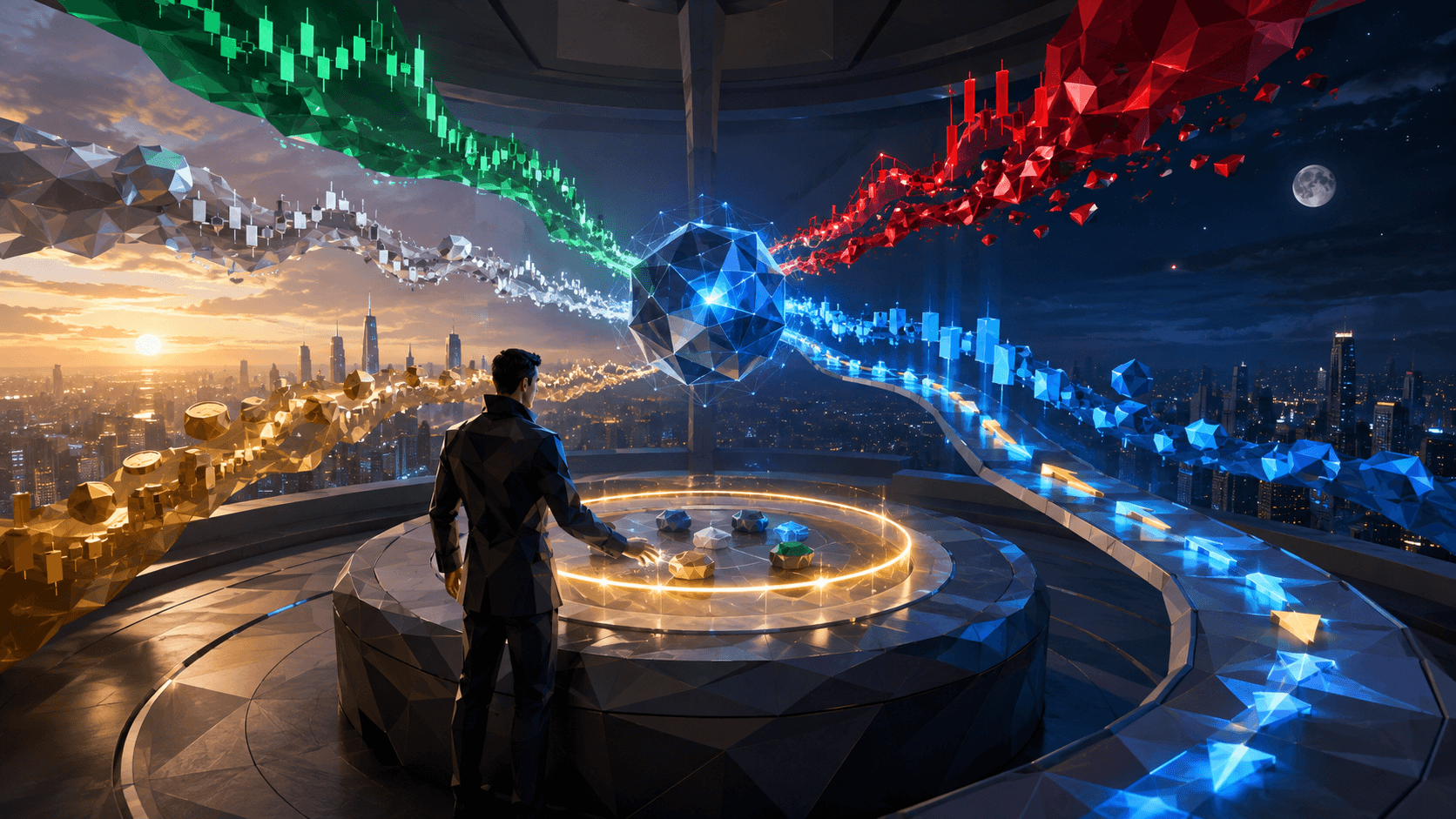 Low polygon illustration of an investor using an AI core to analyze multiple markets while controlling portfolio risk.