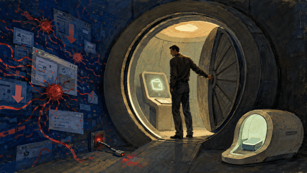 Web3 user closes a secure browser airlock around an active crypto wallet while malicious scripts remain outside.