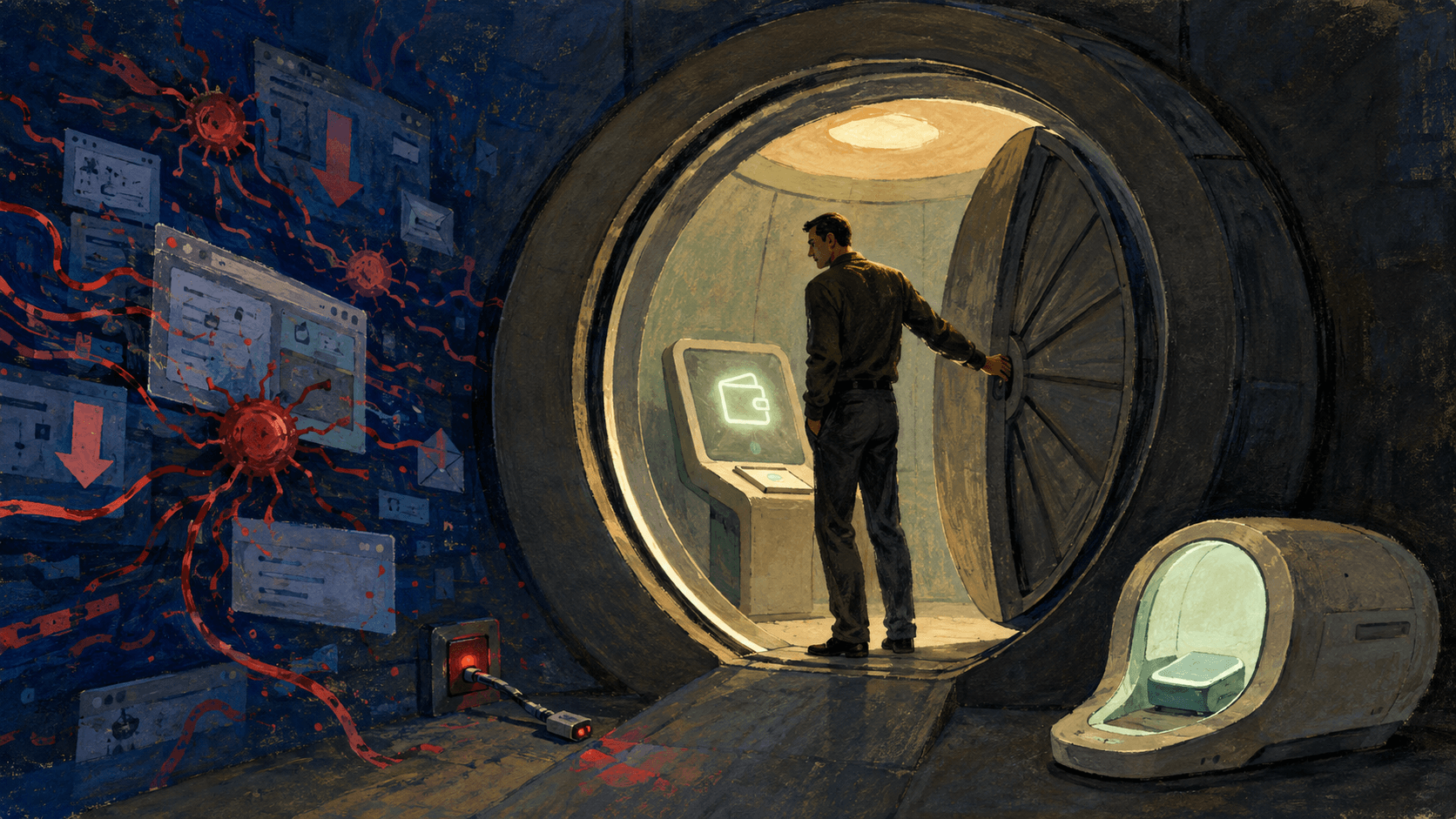 Web3 user closes a secure browser airlock around an active crypto wallet while malicious scripts remain outside.