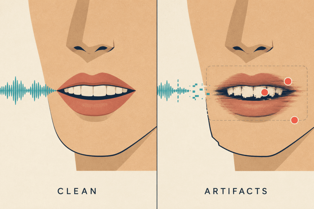 Side-by-side comparison of clean AI lip sync output and degraded output showing blurred lip edges, irregular teeth and a visible seam around the mouth region