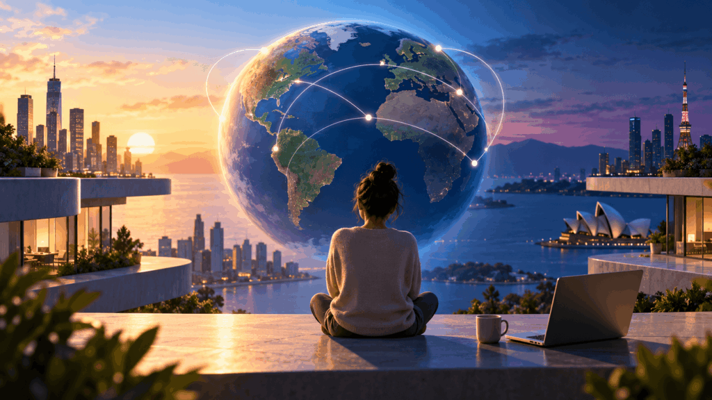 Person on a terrace facing a globe with glowing connections, framed by sunlit and nighttime city skylines.