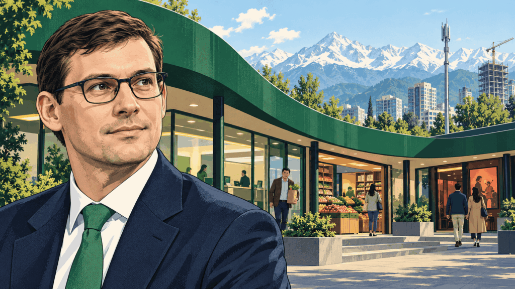 Illustrated portrait of Timur Turlov beside a bank, grocery store and event venue under a green canopy, with mountains behind.