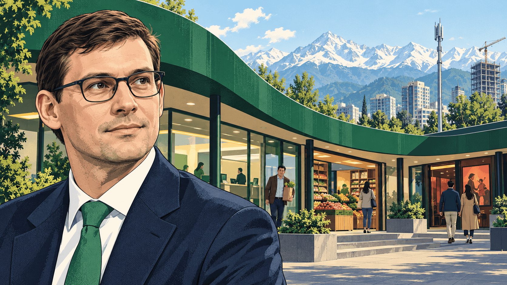 Illustrated portrait of Timur Turlov beside a bank, grocery store and event venue under a green canopy, with mountains behind.