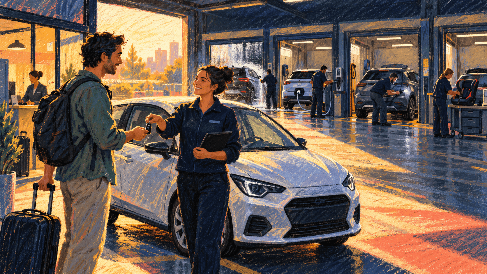Oil pastel illustration of a traveler receiving rental car keys while staff clean, charge and inspect vehicles in separate service bays.