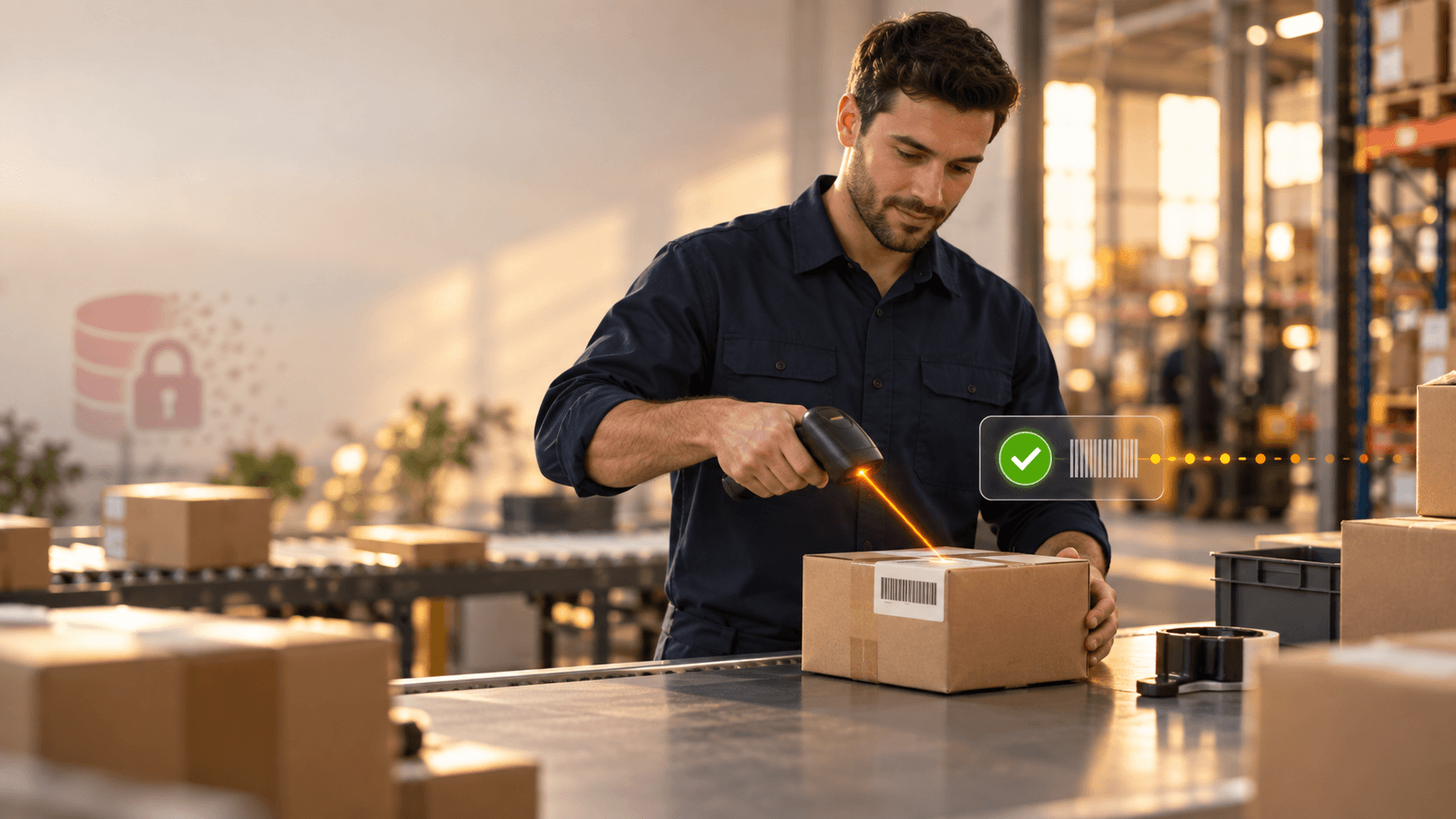 Warehouse worker using a handheld scanner on a package barcode with real-time verification graphics, illustrating non-blocking Magento inventory processing.