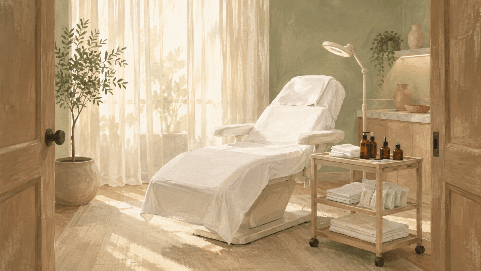 Illustration of a med spa treatment room with a draped treatment chair, magnifying lamp, folded towels and sealed single-use supplies on a rolling cart