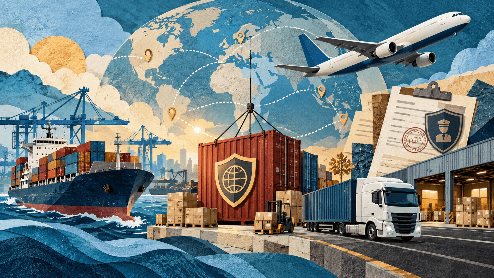 Paper cut illustration of global freight logistics with a cargo ship, airplane, truck, containers, warehouse and international routes.
