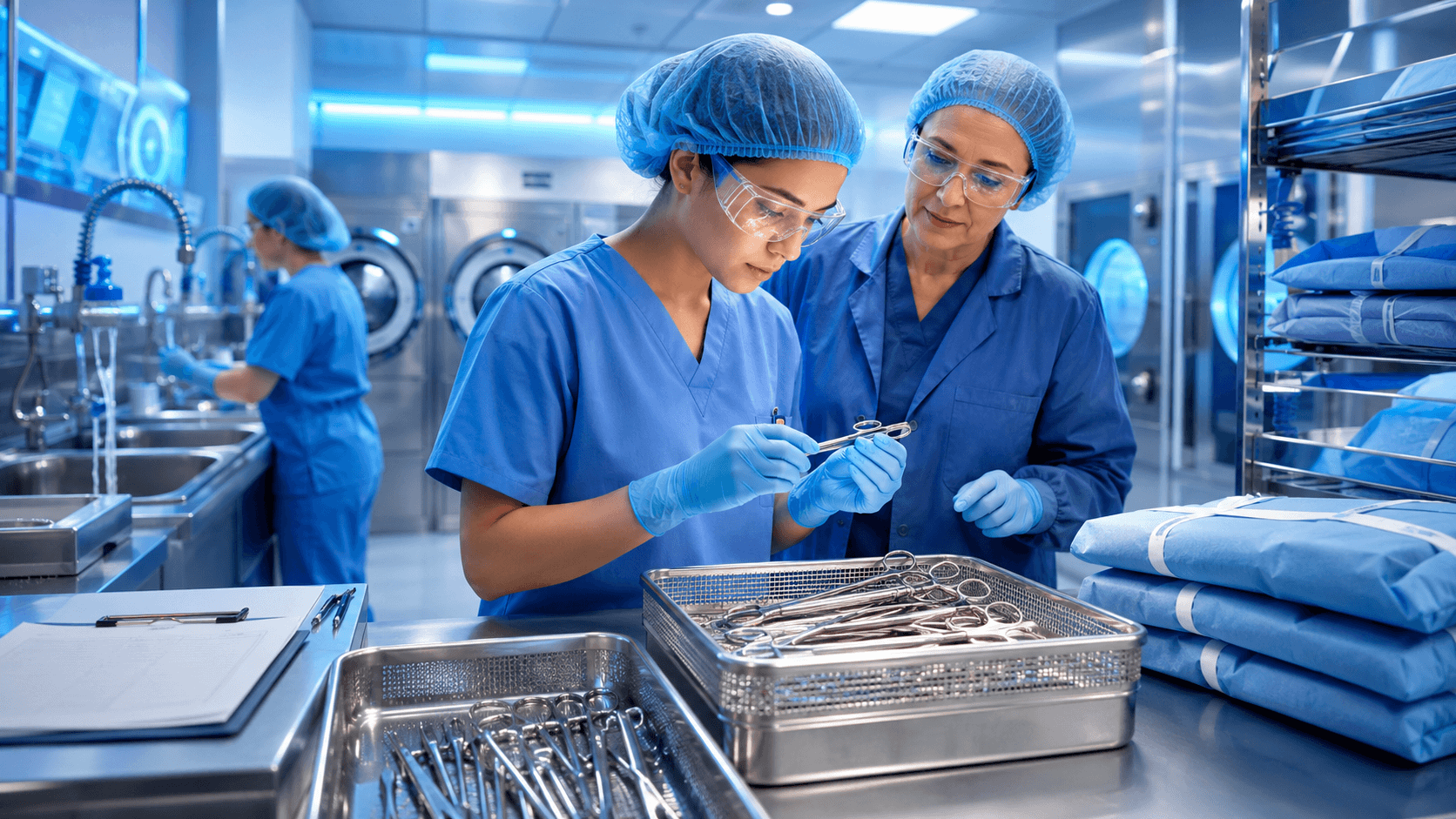 Sterile processing technician trainee inspecting surgical instruments with an experienced instructor in a modern hospital sterilization department.