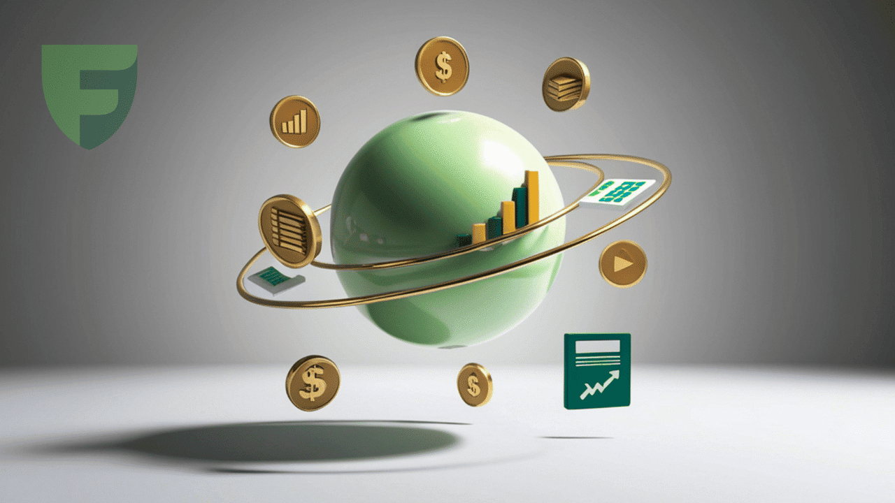 A 3D digital globe surrounded by gold rings, financial growth charts, and currency icons, representing how Timur Turlov is disrupting global financial services.