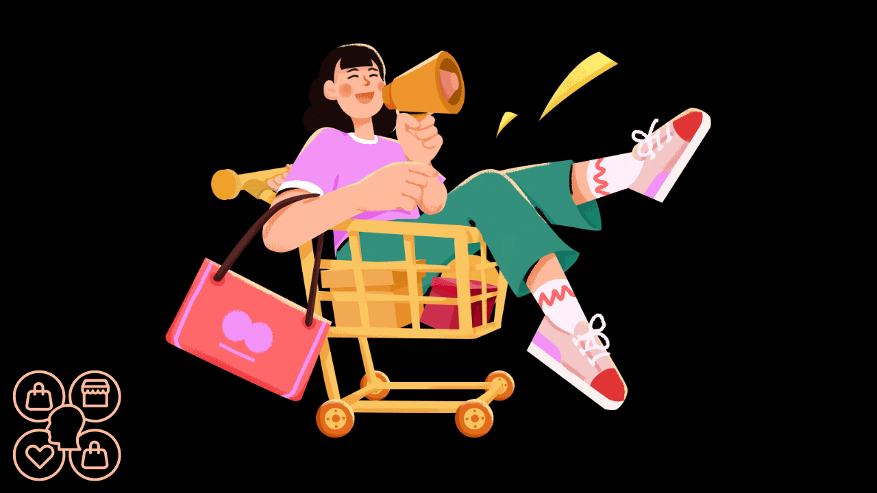 A vibrant illustration of a marketer using a megaphone while sitting in a shopping cart, representing how marketers use trend intelligence to understand consumer behavior and shopping patterns.