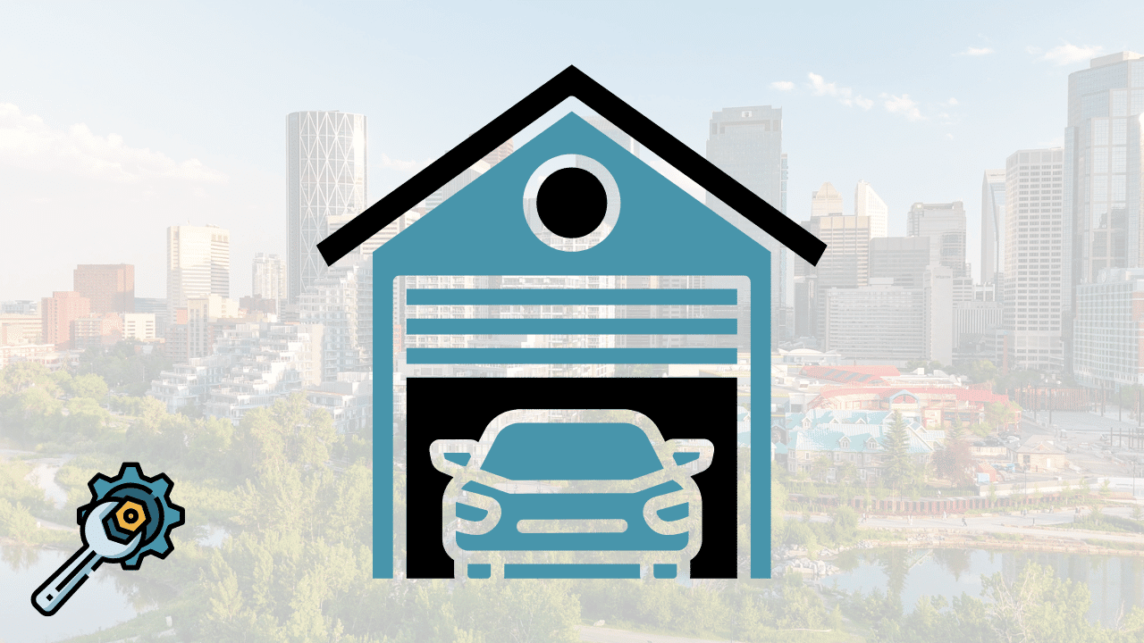 A blue garage icon with a car silhouette against the Edmonton city skyline background, illustrating the ultimate guide to garage construction in the Edmonton and Alberta region.