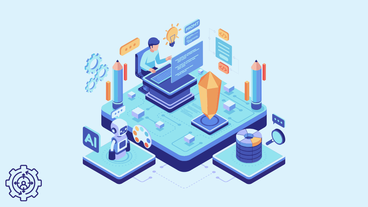 An isometric 3D illustration of a professional managing a digital content ecosystem, representing content engineering strategies for small businesses in 2026.