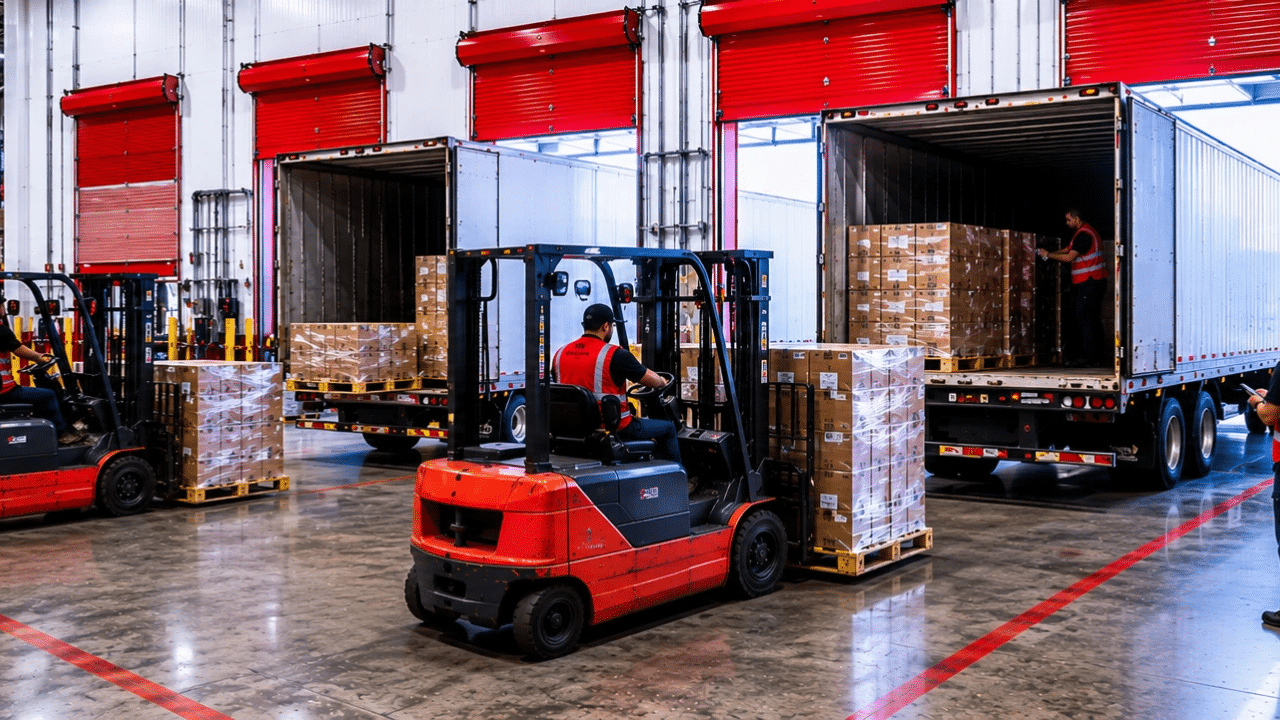 A warehouse forklift operator moving a pallet of goods between open shipping trailers, demonstrating Baltimore freight reloading and fast truck-to-truck transfers near the port.