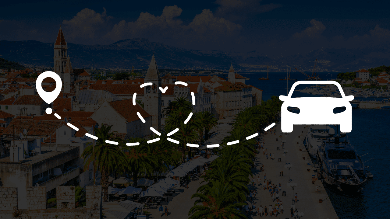 A panoramic view of a coastal town near Split, Croatia, with a white vector graphic showing a heart-shaped driving route and car icon for a 2026 road trip guide.