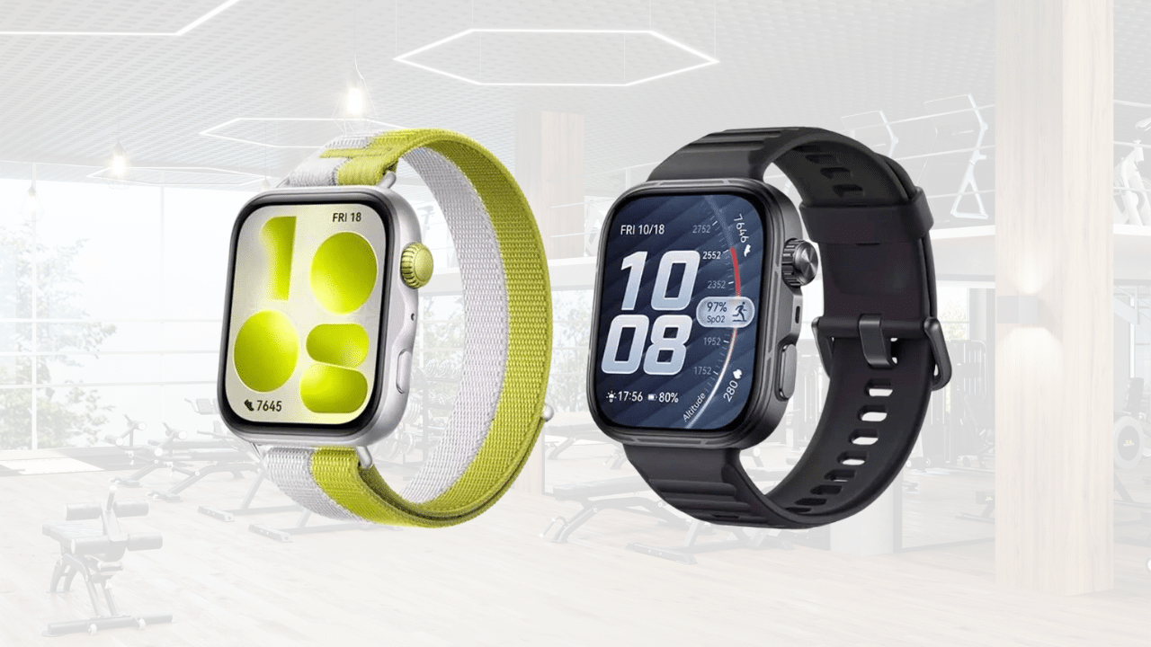 Two HUAWEI Watch Fit 5 Pro smartwatches with lime-white fabric and black silicone straps in a gym setting, highlighting fitness tracking and elegant design.