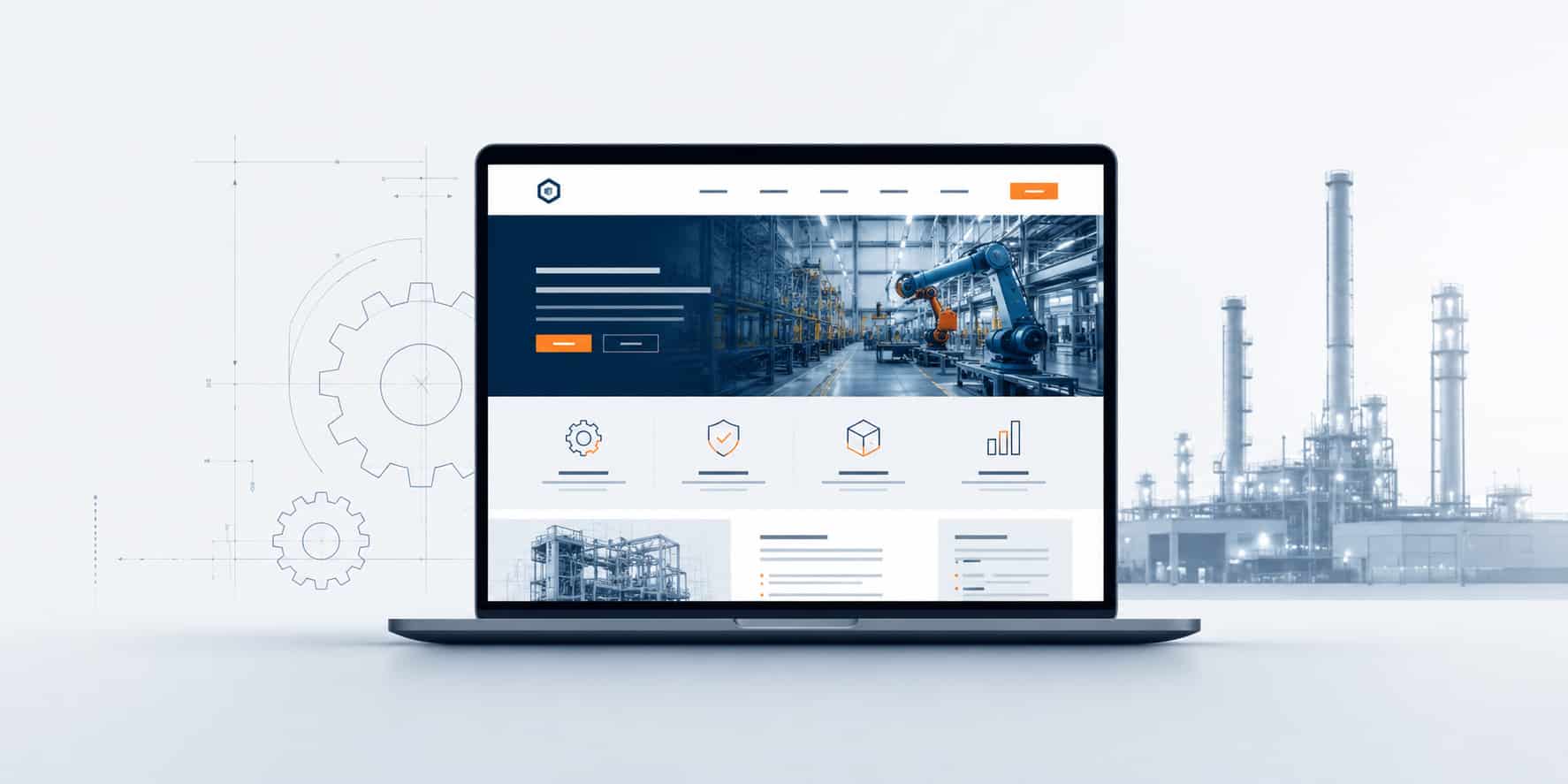 A laptop computer displaying a clean manufacturing website homepage template, showcasing effective industrial web design practices for modern B2B buyers.