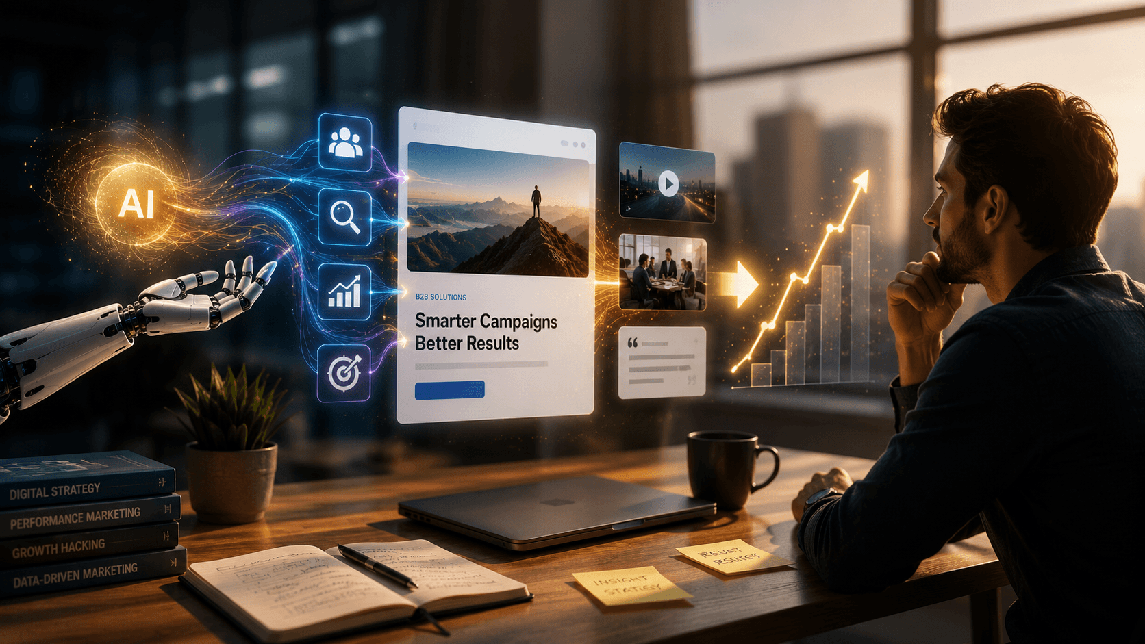 Marketer reviewing an AI powered campaign system with automated audience targeting, creative testing, budget optimization and performance growth visuals.