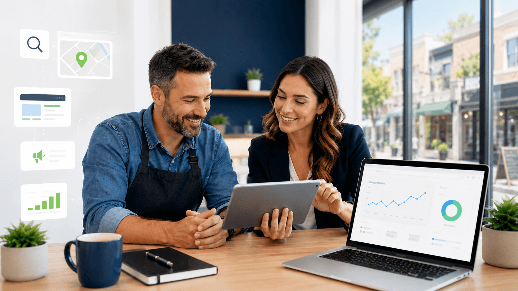 Alt text: Local business owner meeting with a digital marketing consultant to review SEO, local search, advertising and website performance.