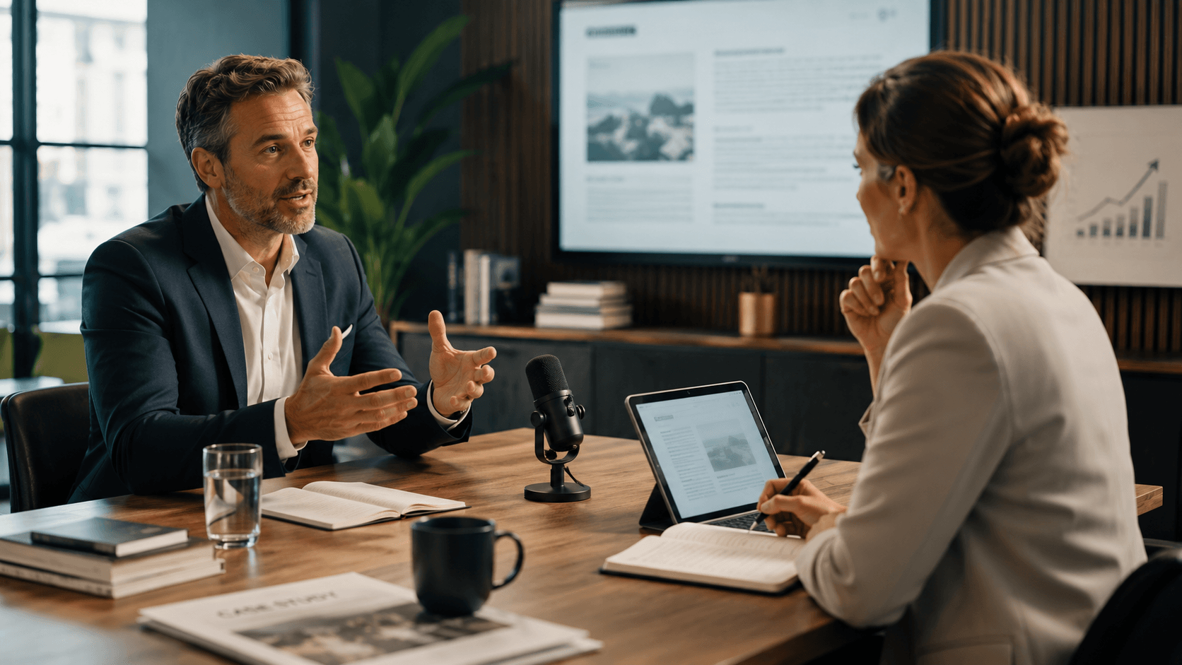 Business expert sharing industry insights during a professional interview while a content strategist turns the discussion into B2B content.