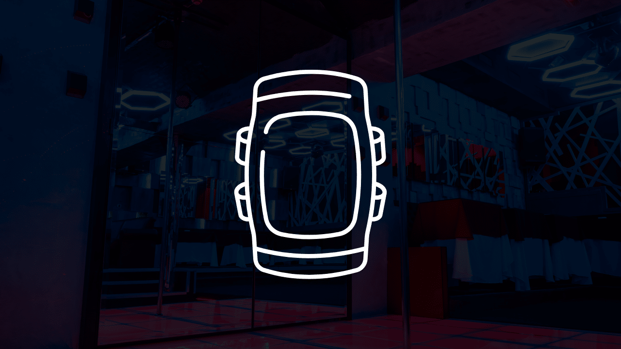 A white line-art icon of a protective athletic knee pad centered over a dark pole fitness studio background, highlighting knee pads for pole dancing for men what to look for.