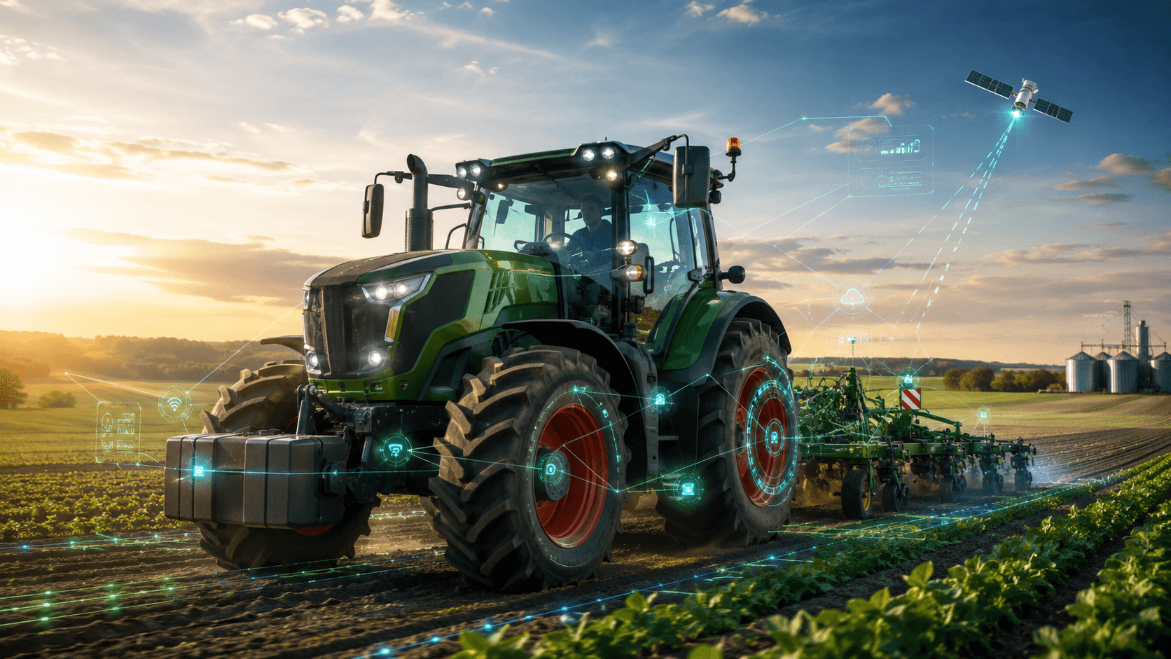 Modern tractor working in a field with digital guidance overlays showing software, GPS, telematics and precision farming technology