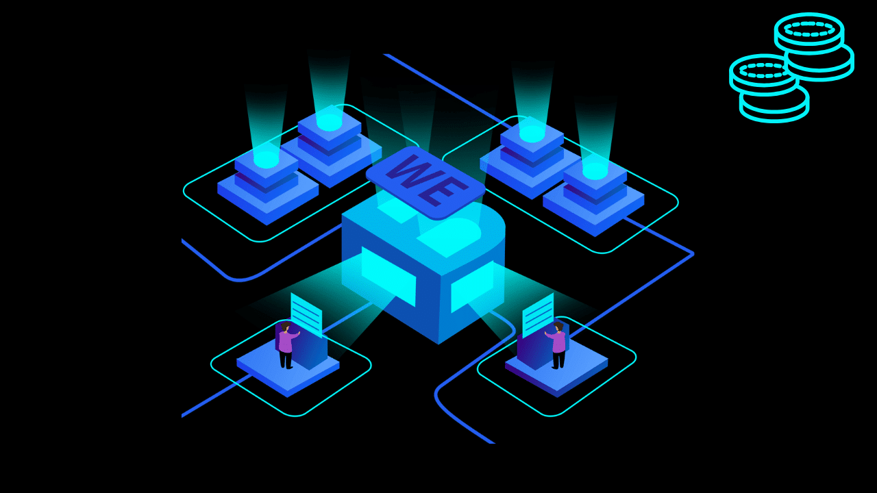 An isometric Web3 blockchain network diagram featuring glowing neon blue nodes, digital asset coins, and professionals managing data terminals, illustrating asset tokenization: the trend that is changing investment in Spain.