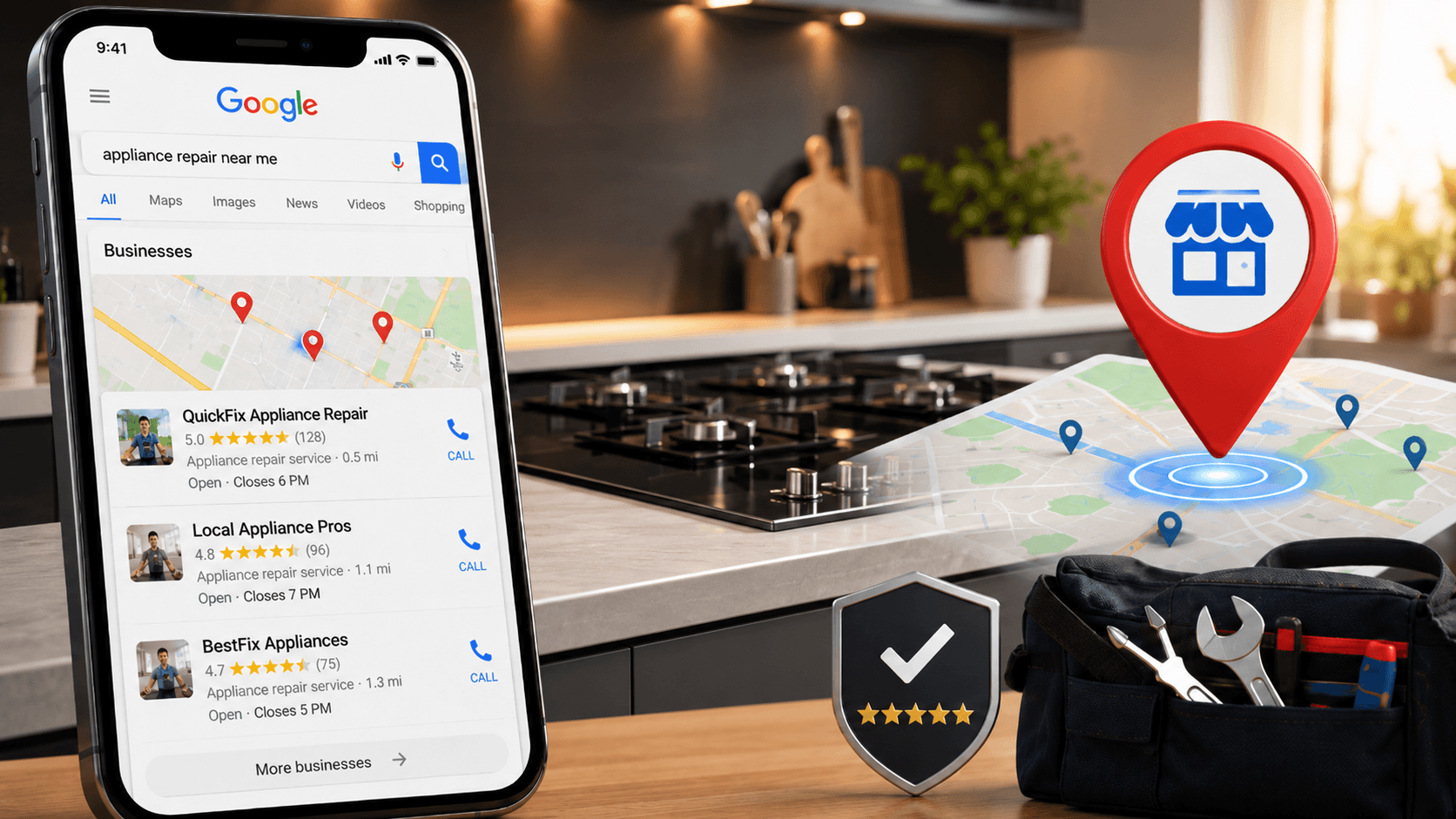 Smartphone showing local appliance repair search results with map pins, reviews and a cooktop in the background representing Google Map Pack visibility.