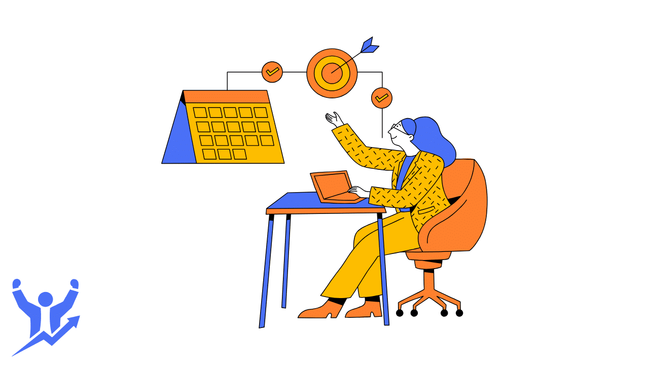 A flat vector illustration of a professional woman aligning goals on a target and calendar, demonstrating the power of calculated risk and new horizons in personal development.
