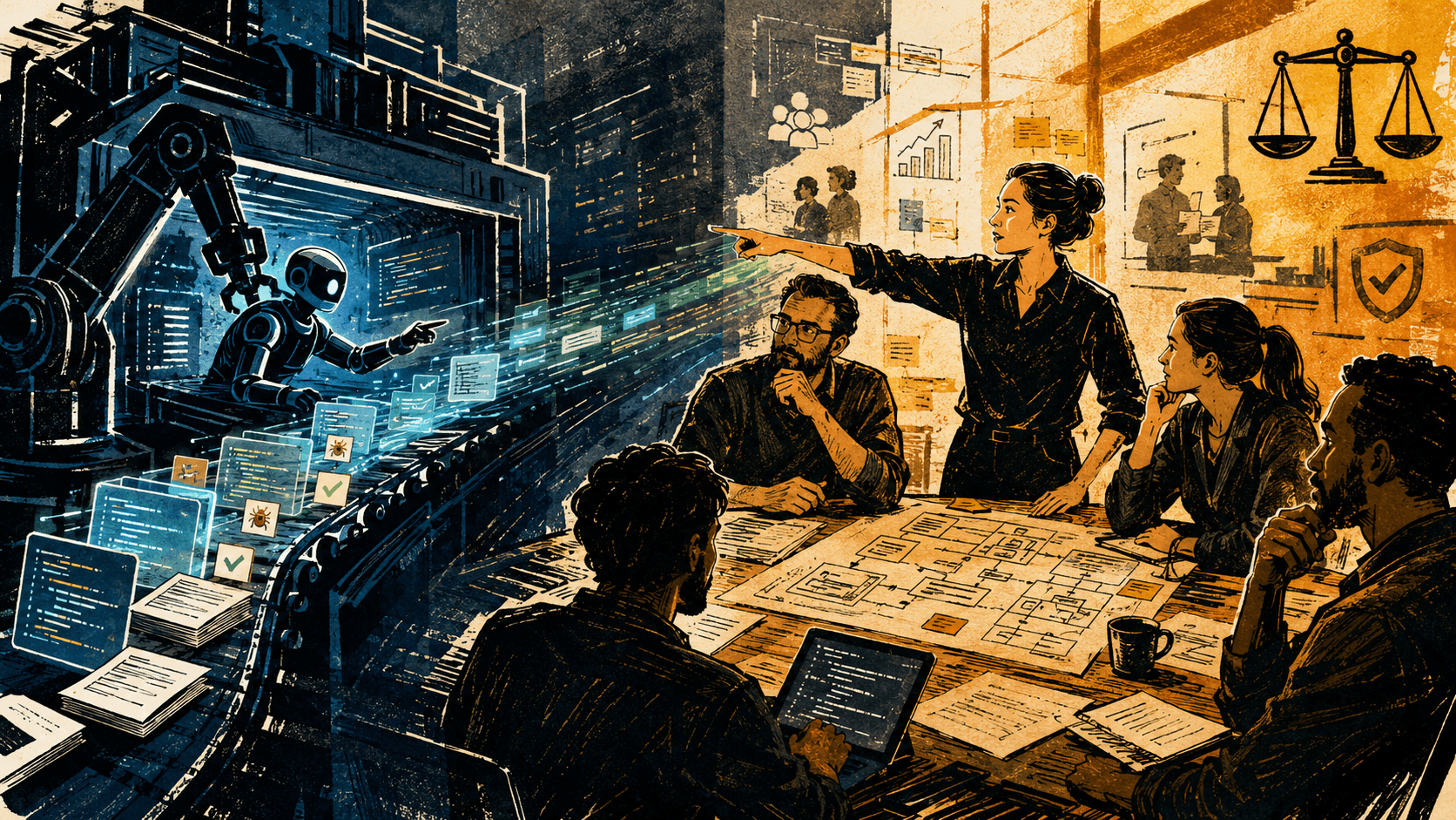 Software team guiding an AI powered development workflow, reviewing code, strategy, testing and business decisions with human oversight.