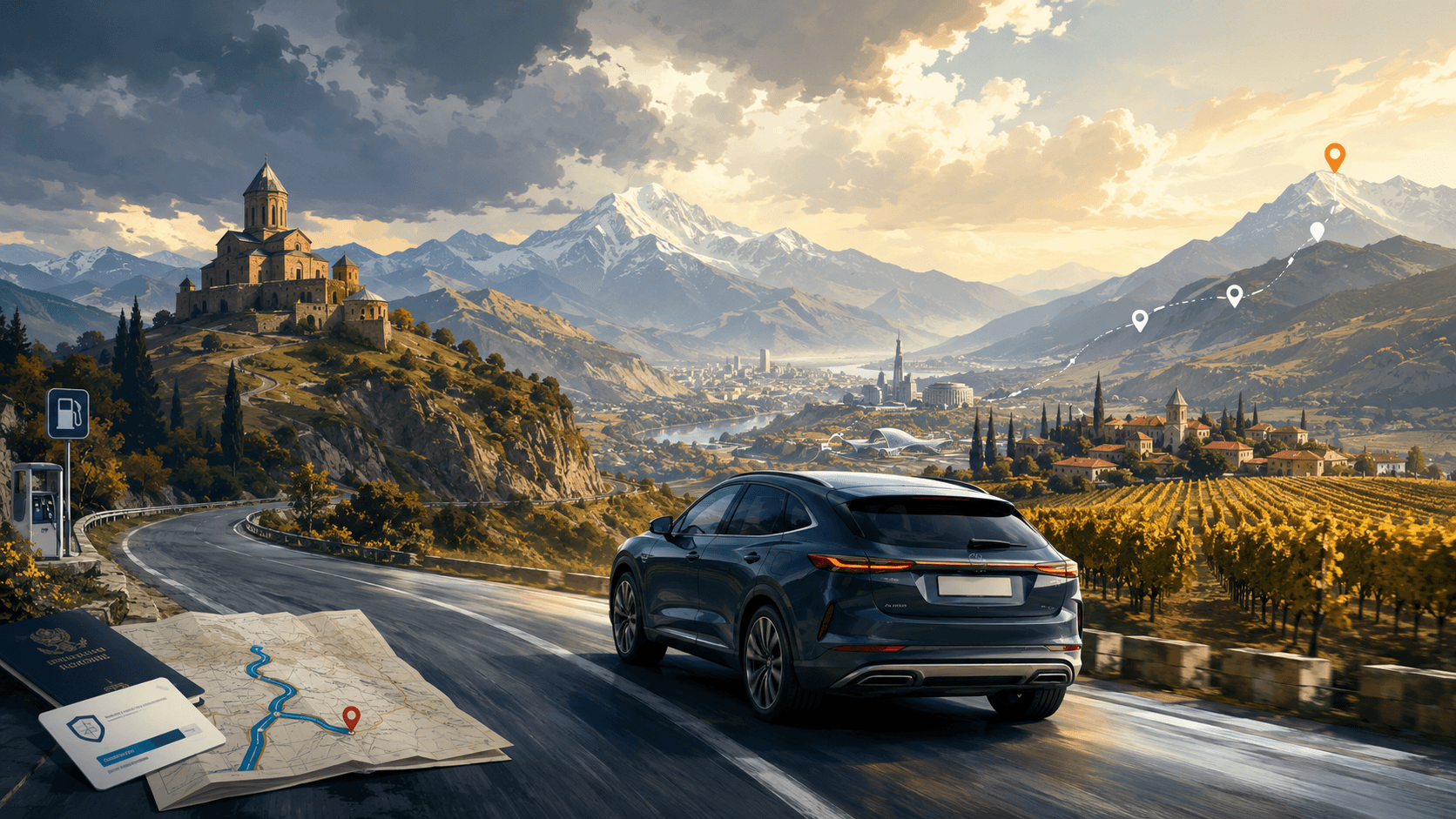 Rental car driving on a scenic mountain road in Georgia, with views of Tbilisi, Kazbegi style peaks, wine country and travel planning elements.