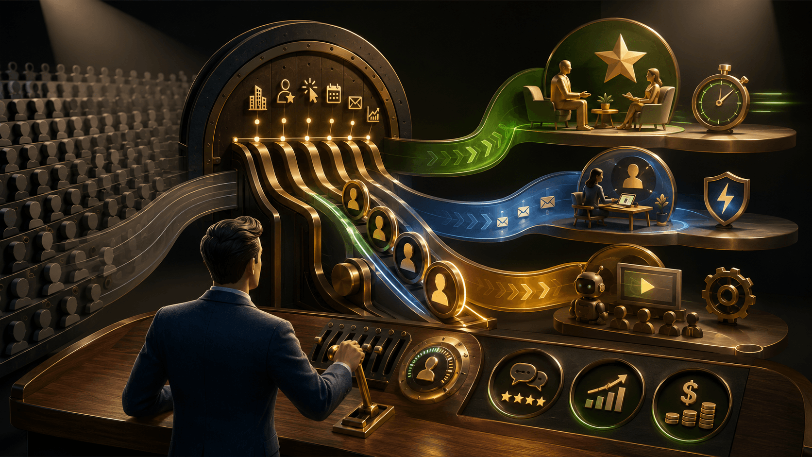 Sales representative prioritizing outreach through a dynamic lead routing system based on account fit, buyer intent and decision maker authority.