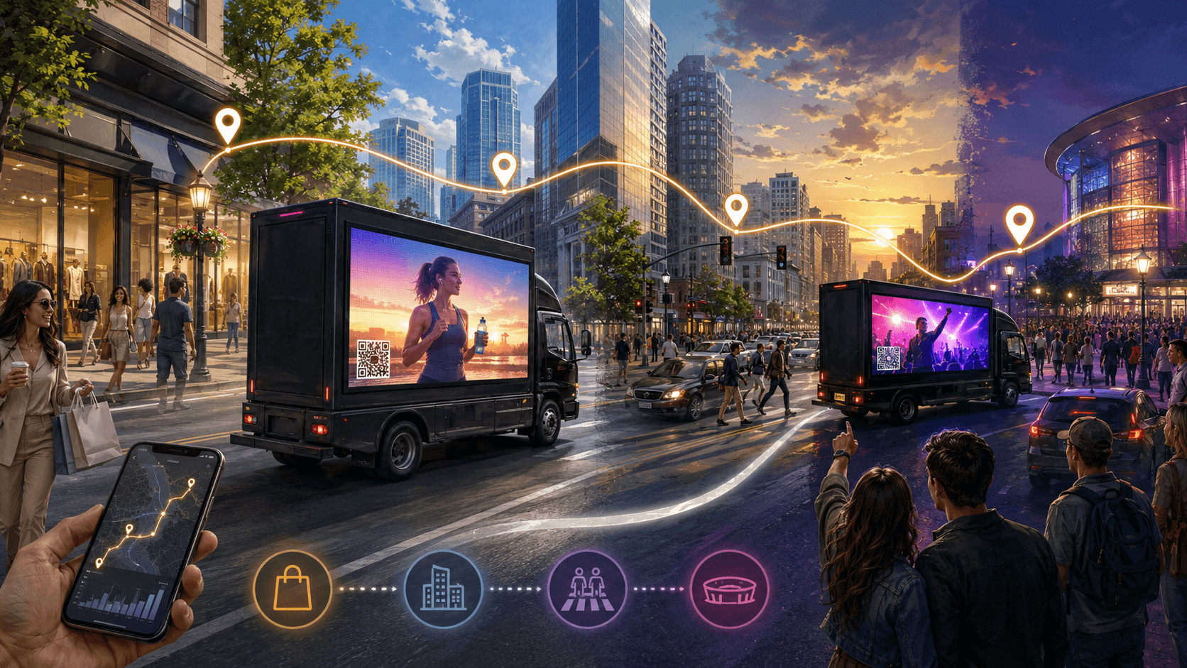 Digital billboard trucks following planned city routes through shopping, business and event districts with GPS tracking and audience measurement.