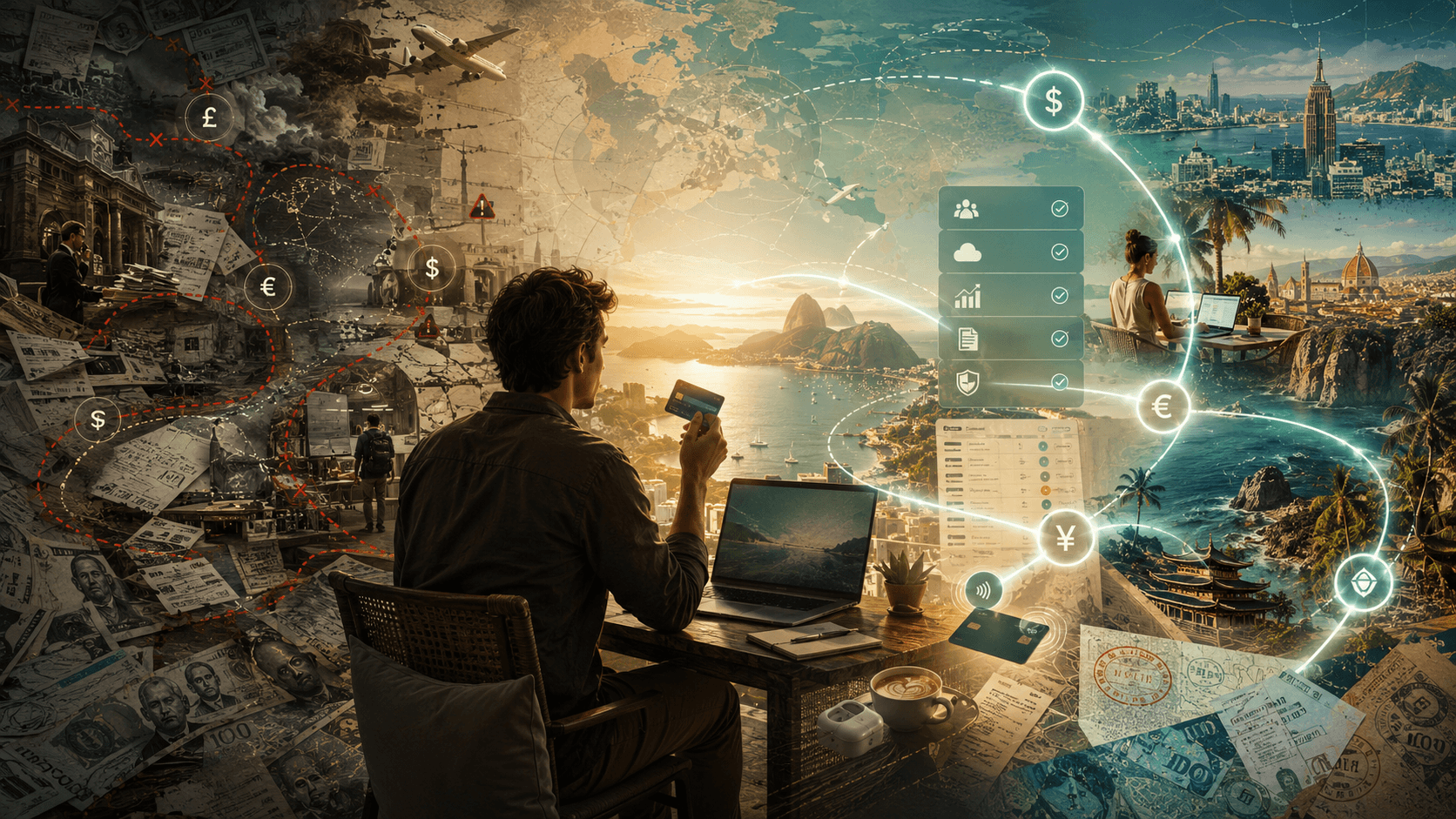 Location independent business owner managing global payments, multiple currencies, travel expenses and financial records through a secure digital system.