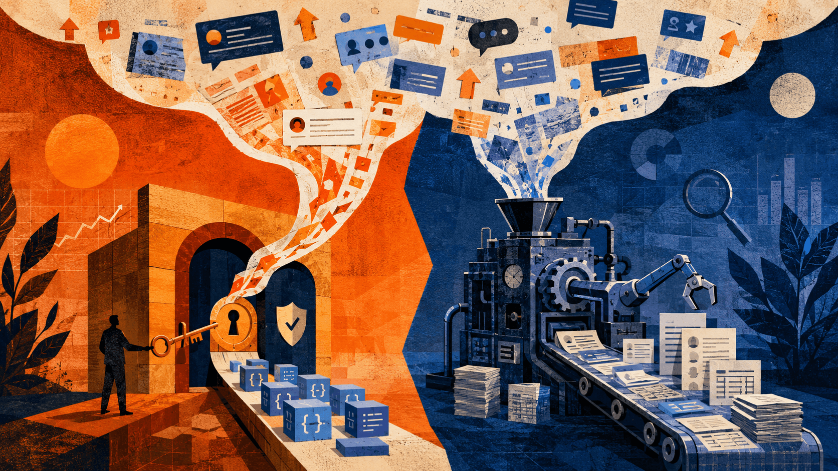 Editorial illustration comparing Reddit API and Reddit scraper workflows, with an official data gateway on one side and a data extraction machine on the other.