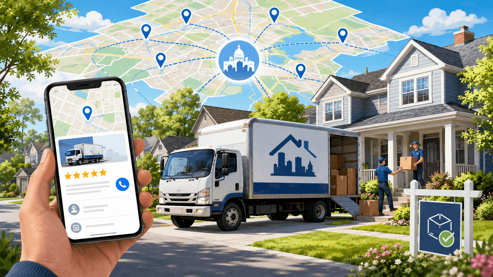 Moving truck outside a suburban home with a mobile local search result, map pins, reviews and service area routes representing Springfield moving company SEO.