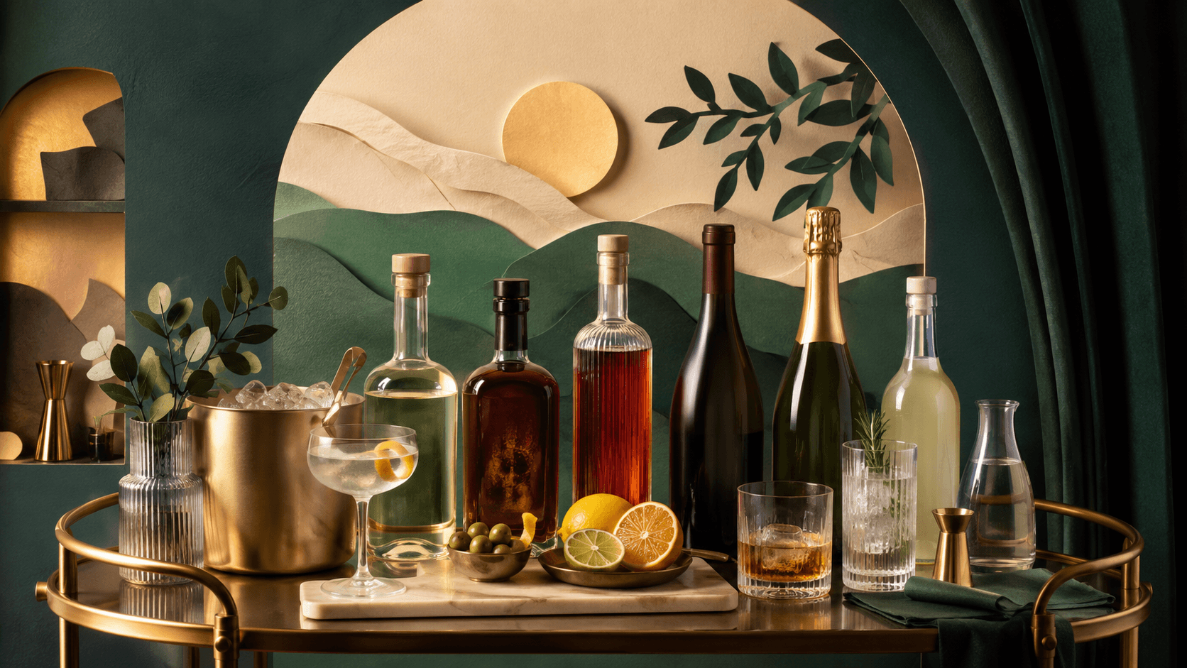 Elegant home bar setup with a curated selection of bottles, glassware, citrus, mixers and ice for serving guests in a stylish and balanced way.