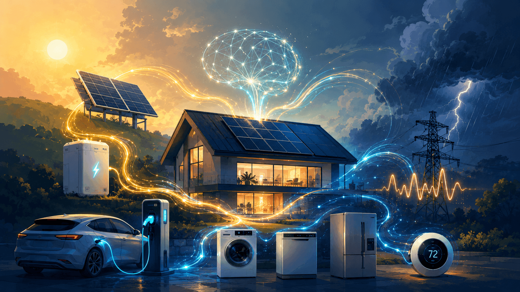 Smart home connected to solar panels, battery storage, EV charging, appliances and thermostat with flowing energy lines showing a home energy management system.
