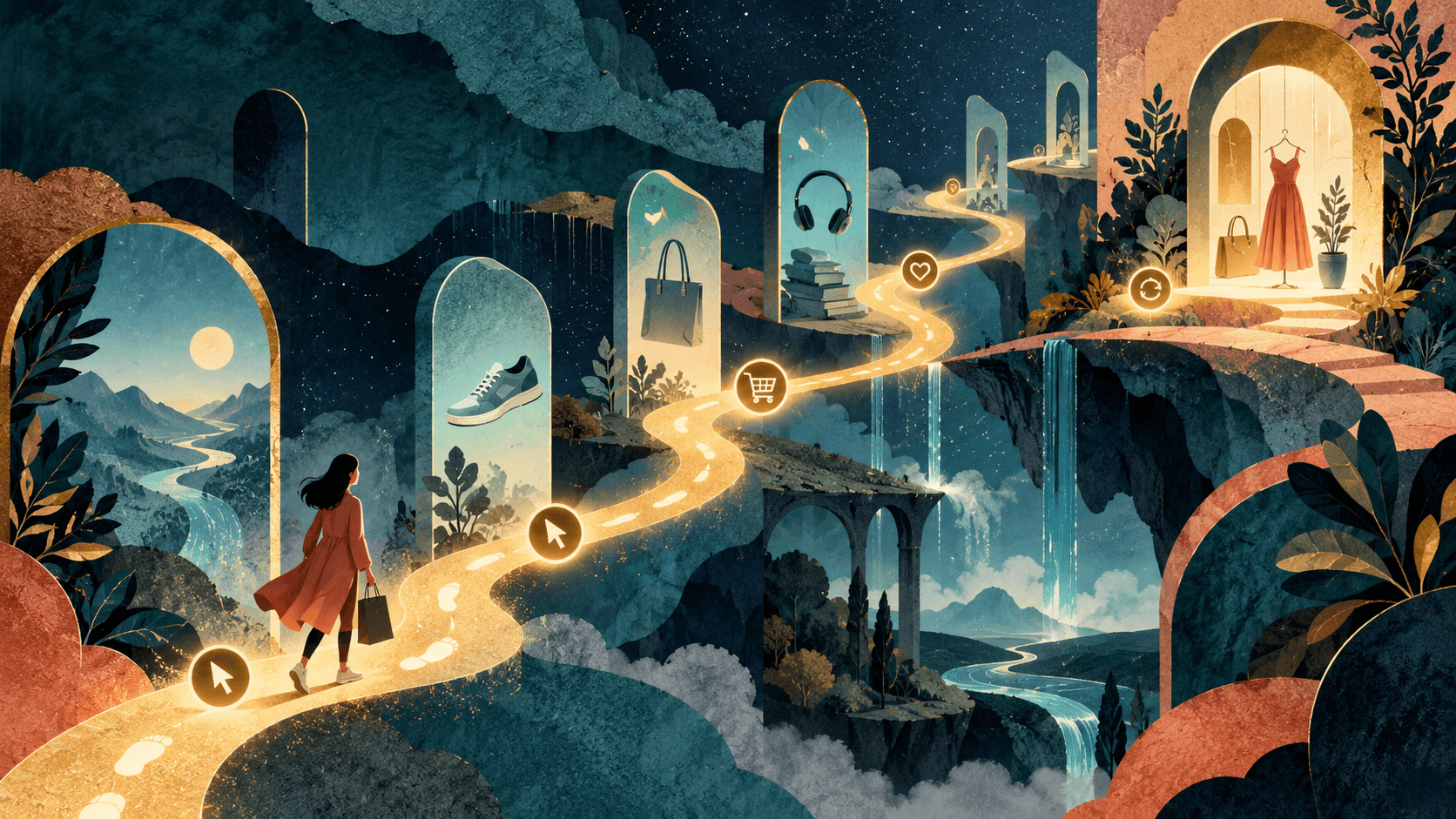 Dreamlike shopper journey illustration with glowing paths, product portals and behavioral icons guiding a personalized digital experience.