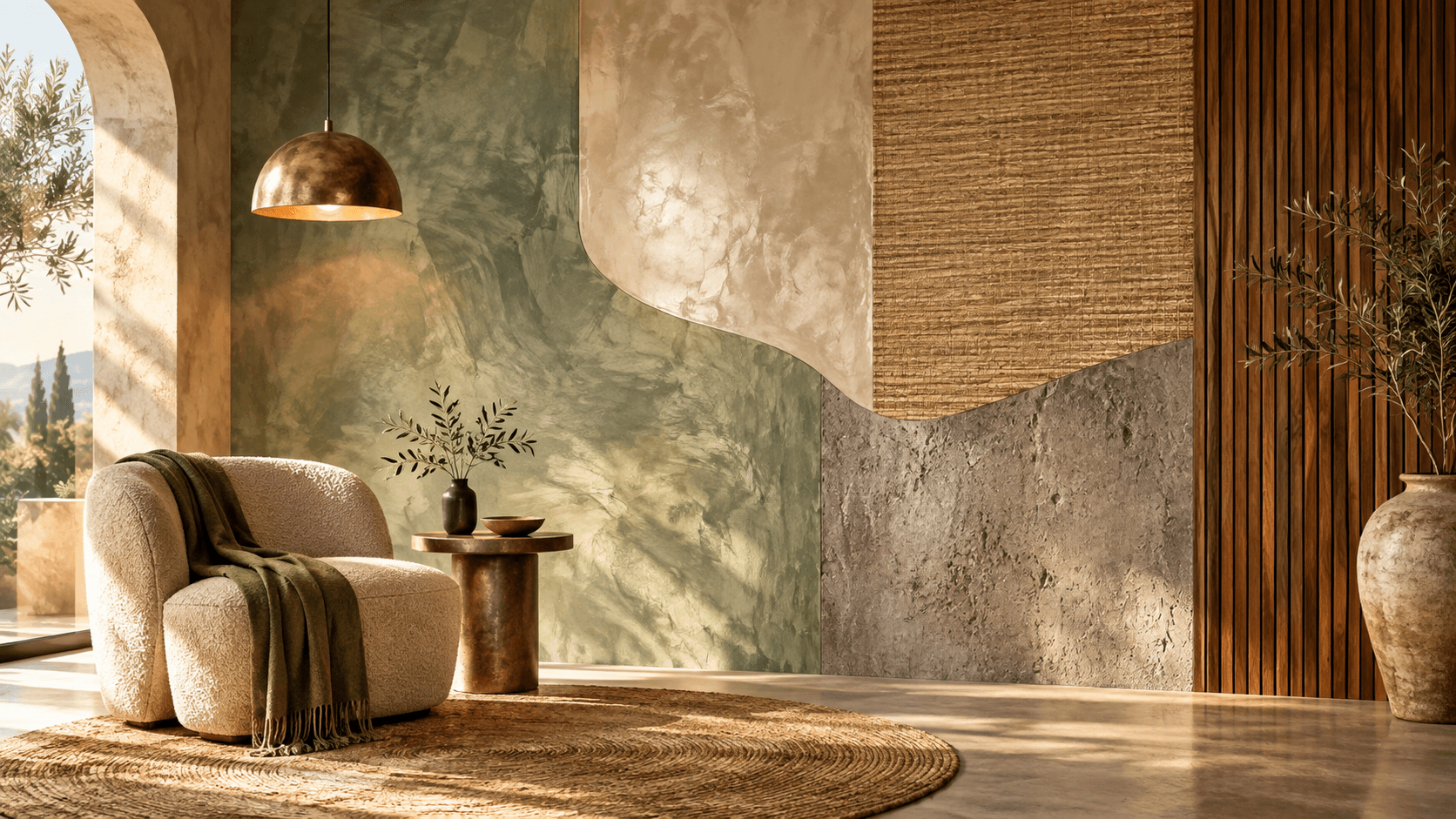 Sunlit lounge with sage and cream plaster effects, woven wallcovering and vertical wood slats behind a cream armchair.