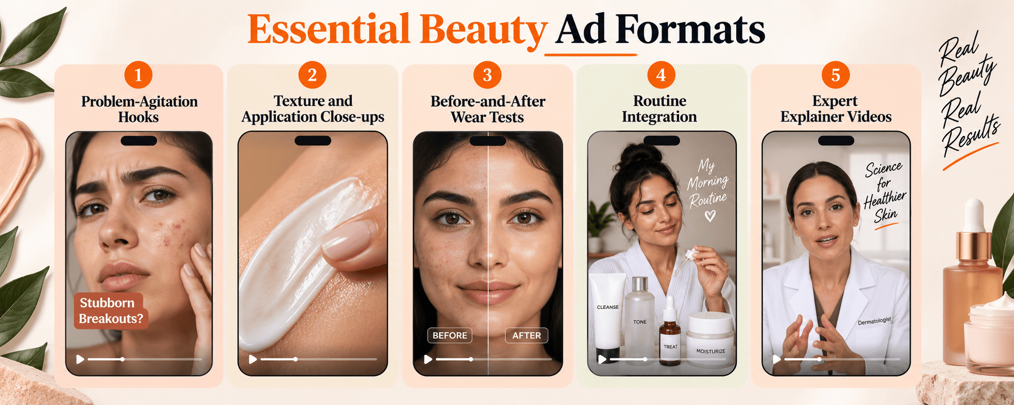 Infographic displaying 5 essential beauty video ad formats: Problem-Agitation Hooks, Texture Close-ups, Before-and-After Wear Tests, Routine Integration, and Expert Explainer Videos.