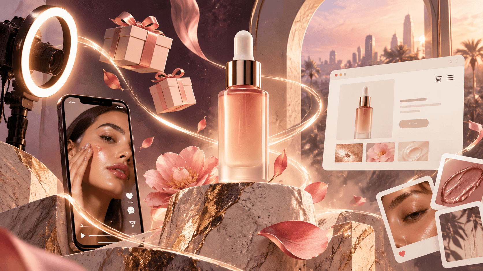 Beauty serum surrounded by social media content, creator videos, ecommerce visuals and a ring light in a luxury marketing scene.