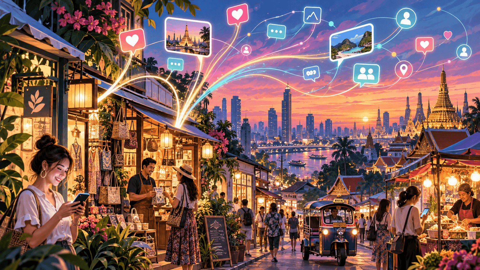 Colorful illustration of a Thai market at sunset with social media icons connecting local businesses, customers and Bangkok landmarks.