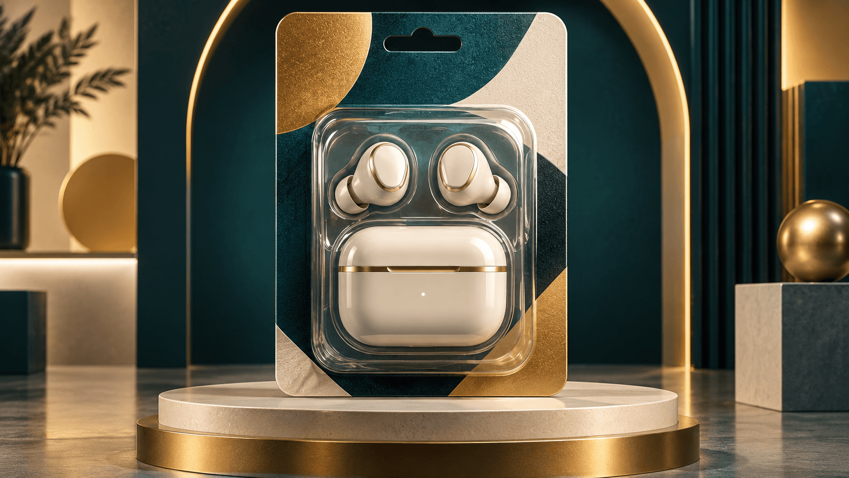 Wireless earbuds displayed in clear thermoform packaging on a premium retail style pedestal.