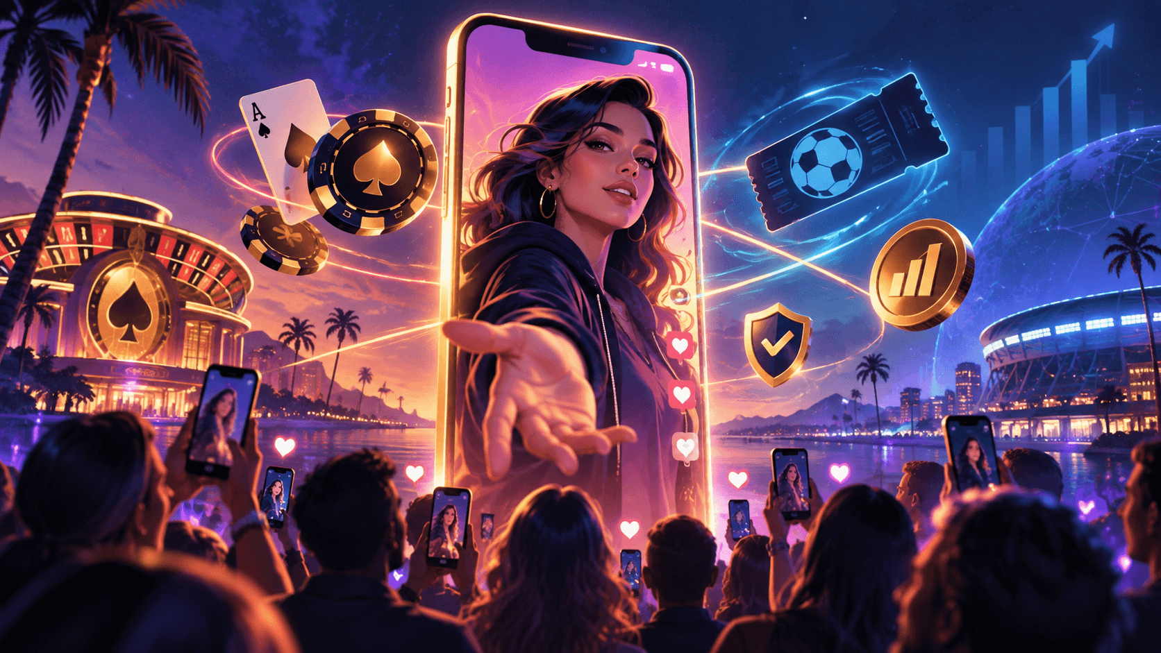 Illustrated influencer on a large phone screen above a crowd, flanked by casino chips and a sports betting ticket.