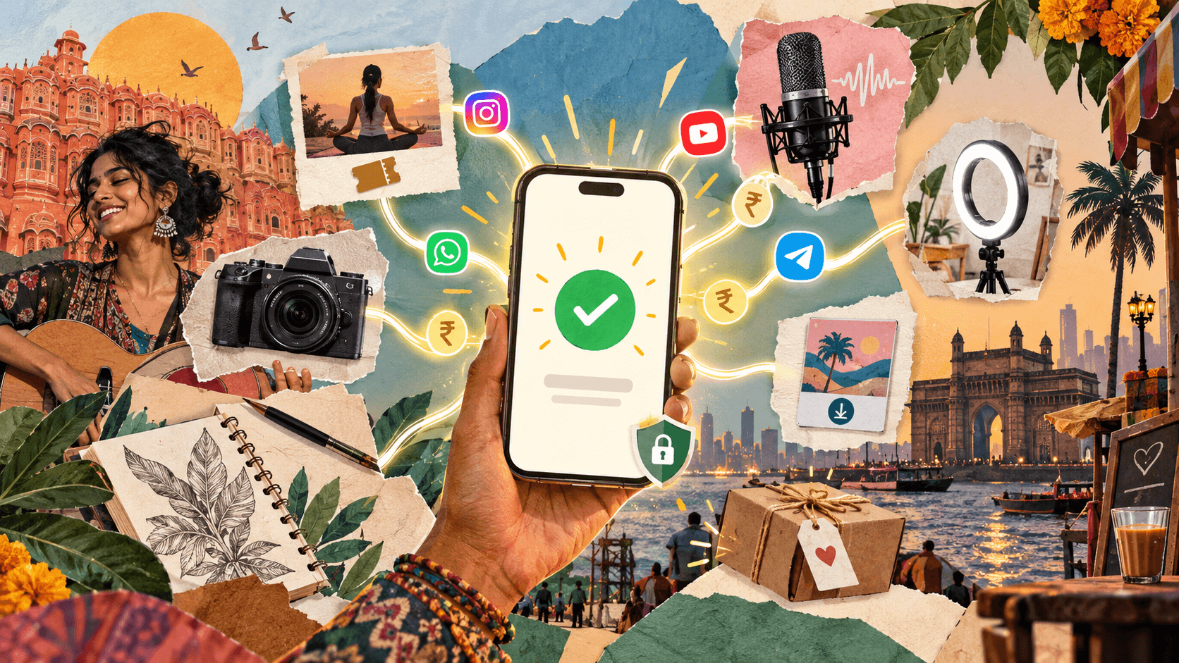 Collage style illustration of an Indian creator economy scene with a smartphone payment confirmation, social media icons, creator tools, and digital product elements.