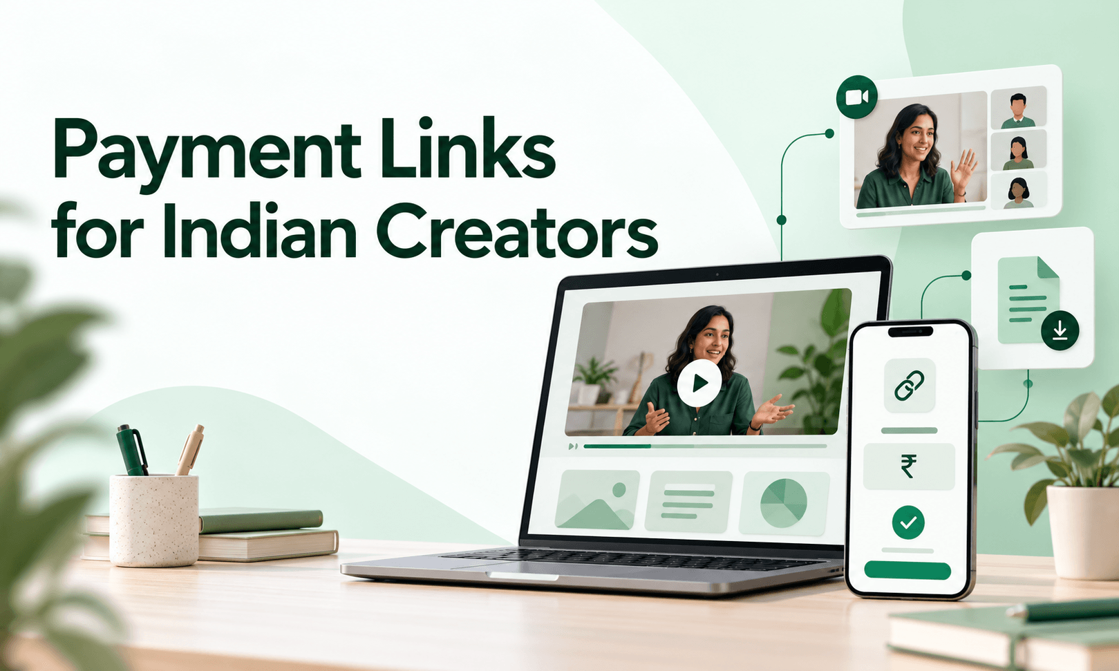 Illustrated desk setup featuring a laptop playing an online workshop, a smartphone displaying a payment link interface with a Rupee symbol, floating icons for video calls and digital downloads, and the header text "Payment Links for Indian Creators".